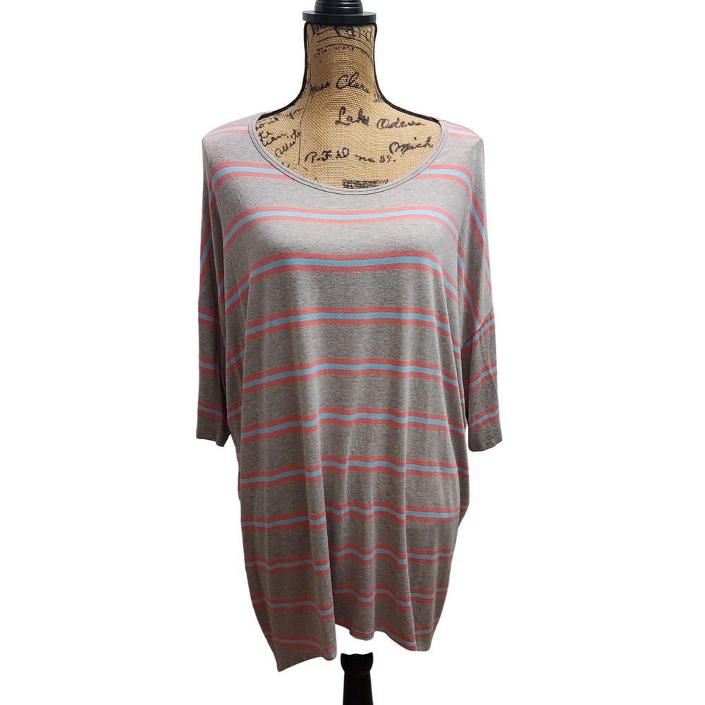 LuLaRoe‎ Women's Gray Coral Striped Dolman Sleeve Tunic Top - Large